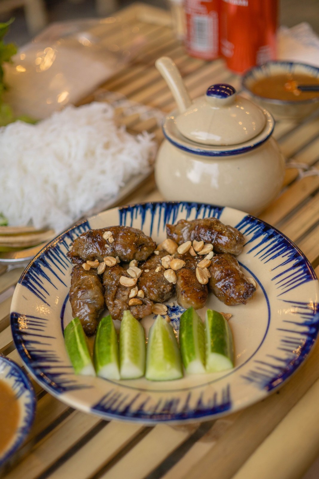 Beef wrapped in betel leaves with peanuts and cucumber